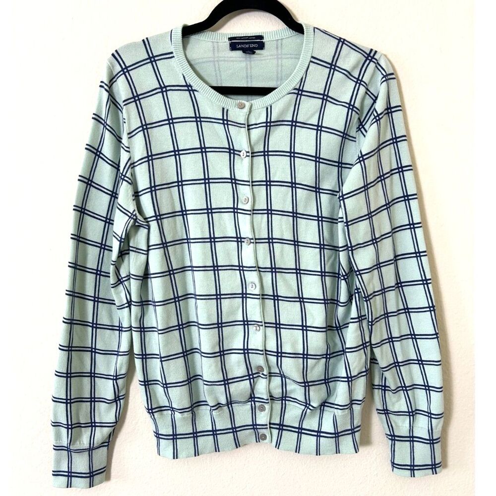 Lands End Cardigan Women's M TALL Blue Plaid 100% Supima Cotton Crew Neck Button